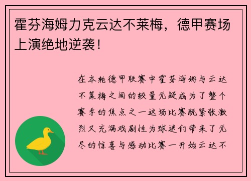 霍芬海姆力克云达不莱梅，德甲赛场上演绝地逆袭！