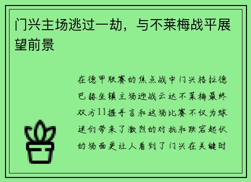门兴主场逃过一劫，与不莱梅战平展望前景
