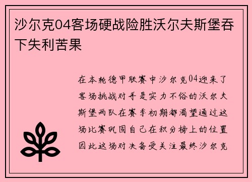 沙尔克04客场硬战险胜沃尔夫斯堡吞下失利苦果